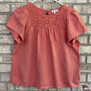 Ella Moss Coral / Terra Cotta Eyelet Top Short Sleeve Embroidered Keyhole Size S